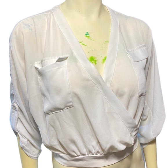 Gabrielle Union chiffon white cropped utility shirt 3/4 sleeves - Picture 3 of 6